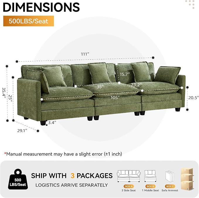 111'' Sectional Cloud Deep Seat Couch, Modern Comfy Chenille Modular Sectional - Image 2