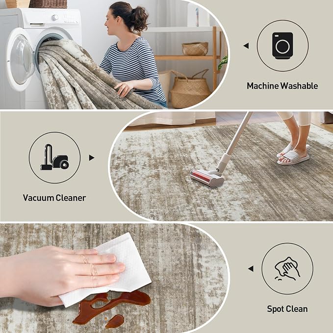 9x12 Area Rugs for Living Room: Washable Abstract Brown White Carpet | Non-slip - Image 5