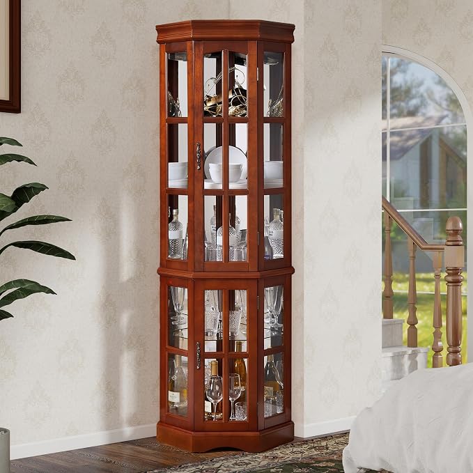 Corner Curio Cabinet with Lighting System, Adjustable Tempered Glass Shelves - Image 2