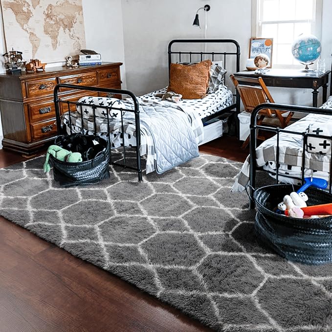 5x7 Area Rugs for Living Room Bedroom, Fluffy Grey and White Geometric Rug | - Image 9