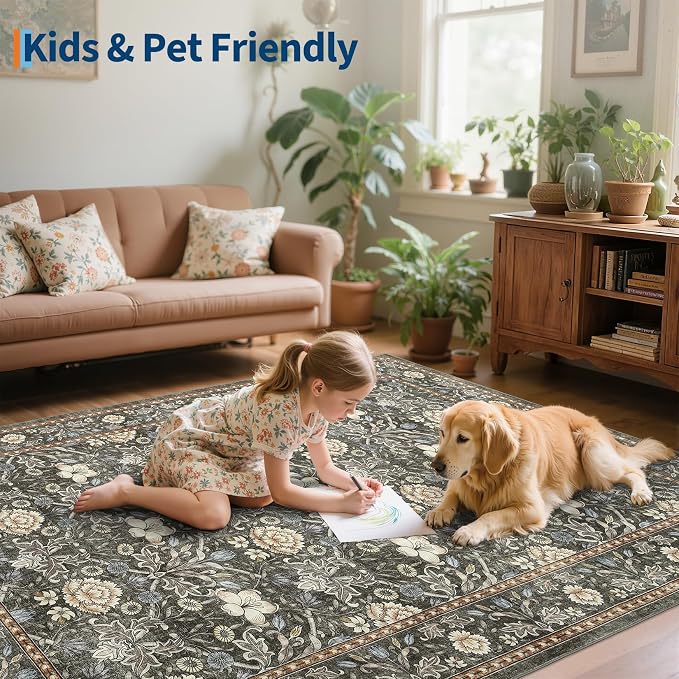 GarveeHome Washable Area Rug 5x7, Retro Floral Low Pile Non Slip Living Room - Image 7