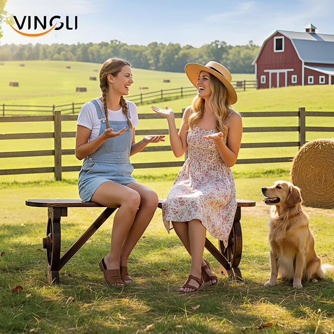 VINGLI Rustic Wooden Wheel Bench Outdoor Bench, Patio Bench Wagon Slatted Seat - Image 8