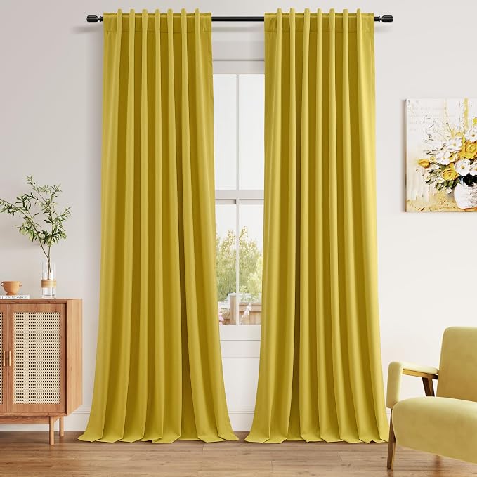 Celery Yellow 100% Blackout Linen Curtains 102 Inch Length 2 Panels Set by Guken