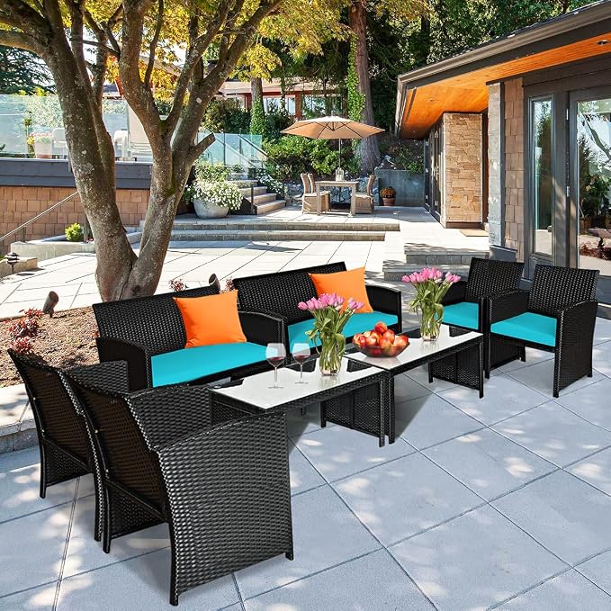 Tangkula 8 Pieces Patio Wicker Conversation Furniture Set, Patiojoy Sofa & - Image 2
