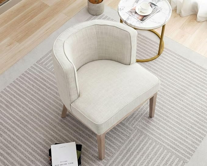 Beige Barrel Chair with Solid Wood Frame, Small Round Accent Chair, Comfy Linen - Image 4