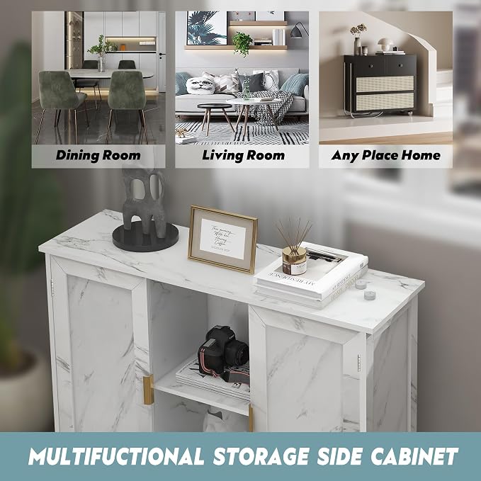 TaoHFE Marble Top Narrow Sideboard Cabinet, Modern White Marble Side Buffet - Image 4
