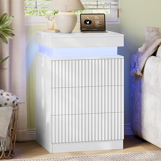 Xixini Nightstand with Charging Station and LED Lights, Fluted Night Stand with - Image 8