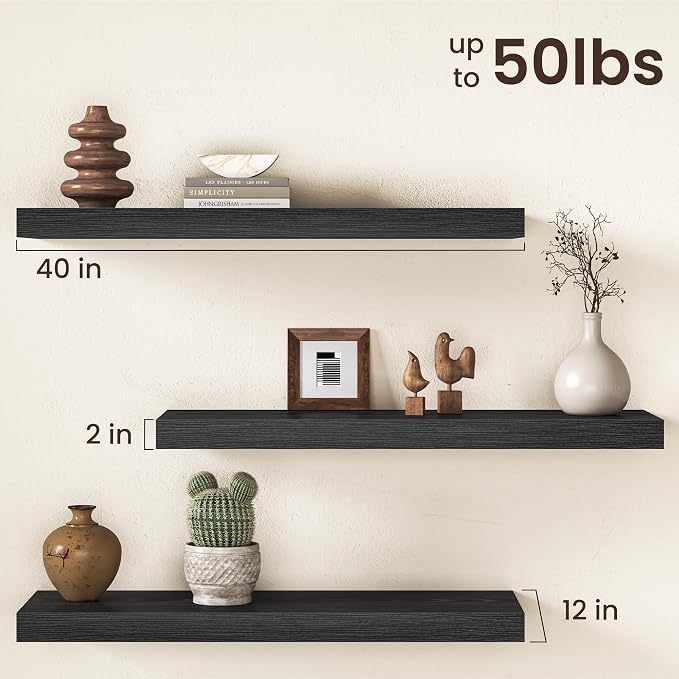 40Inch Black Floating Shelves for Wall, 12 Inch Deep Shelves for Bedroom - Image 3