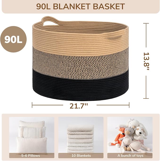 INDRESSME XXXLarge Cotton Rope Basket 21.7" x 21.7" x 13.8" Woven Baby laundry - Image 3