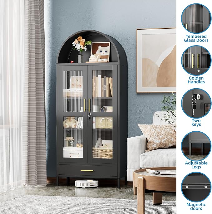 Arched Cabinet with Glass Doors, Modern Kitchen Pantry Cabinet with 2 - Image 5