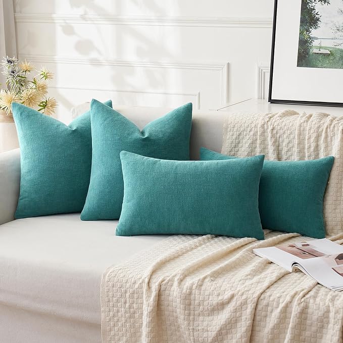 MIULEE Teal Chenille Couch Euro Throw Pillow Covers, 22x22 | Set of 2, Soft - Image 2
