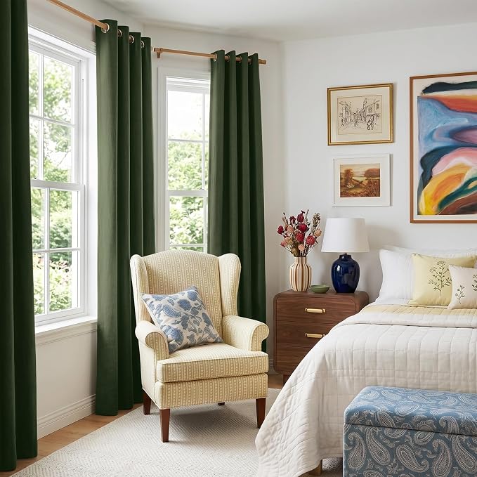 100% Blackout Linen Textured Curtains 84 Inch Long, Loden | 100% Blackout Shield - Image 2