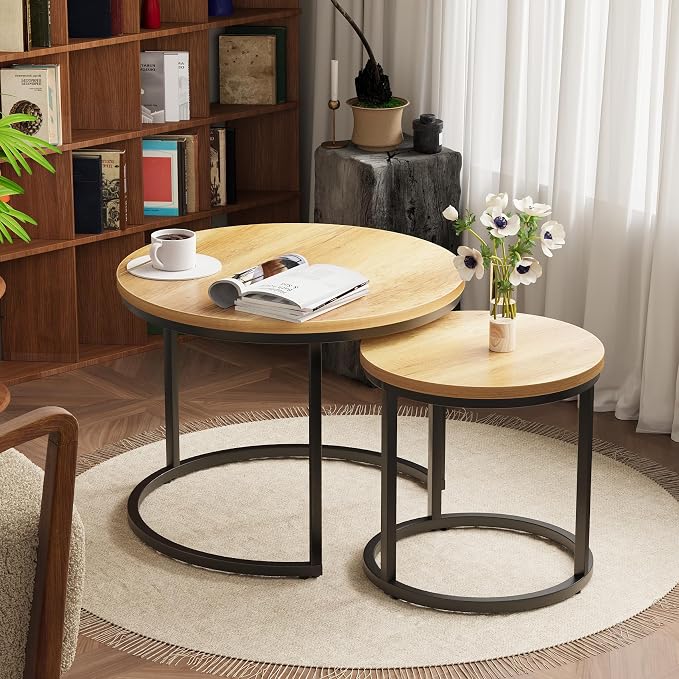 Smuxee Nesting Coffee Table Set of 2, 23.6" Round Coffee Table Brown Wood - Image 3