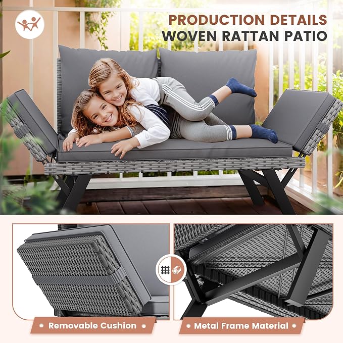 Flamaker Outdoor Convertible Sofa, Woven Rattan Patio Furniture Sunbed - Image 5