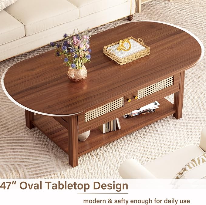 LVB Rattan Coffee Table, Boho Wood Living Room Table - Image 5