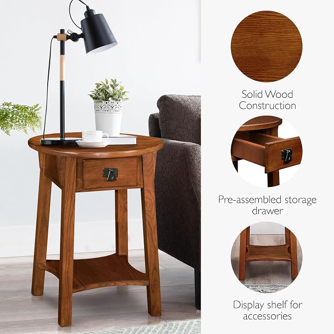 Leick Home Mission End Table, Solid Wood, 18 in. Round, 1 Storage Drawer - Image 6