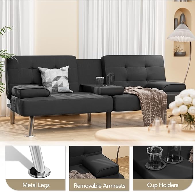 Shahoo Modern Linen Upholstered Convertible Folding Futon Sofa Bed - Image 3