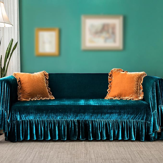 GLORY SEASON Velvet Sofa Cover Soft Decorative Luxurious Solid Exquisite Ruffle by GLORYSEASON