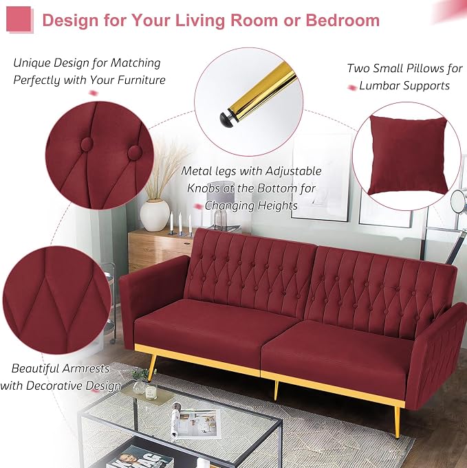 70” Velvet Futon Sofa Bed with 2 Pillows and Adjustable Armrests, Convertible - Image 6