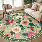 RELEANY Floral Washable Round 8ft Area Rug LightGreen | Flower Carpet Print by RELEANY