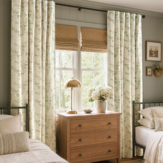 Blackout Vintage Floral Linen Curtains Green on Beige 50×84 2 Panels | Elisa - Image 6