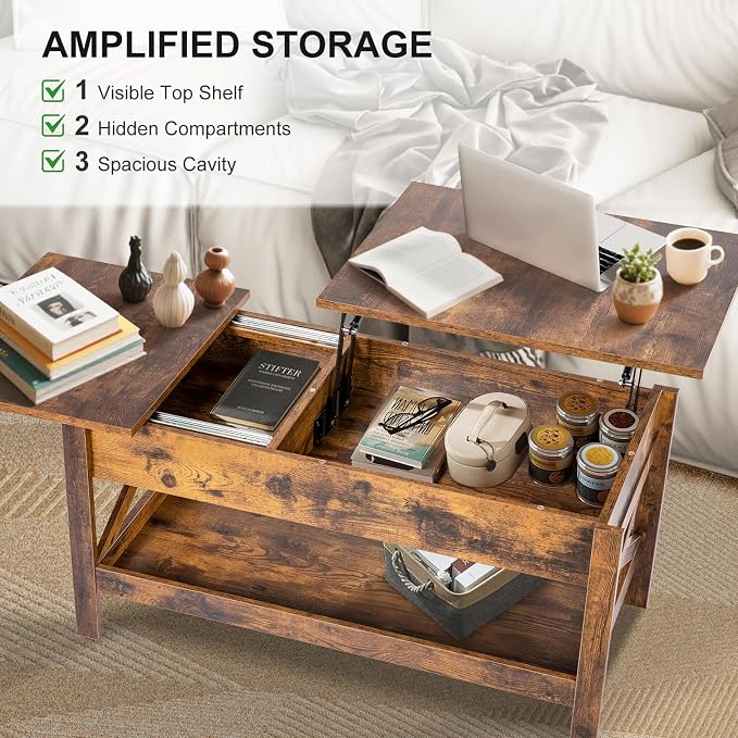 Lift Top Coffee Table with Storage, Small Coffee Table with Hidden Compartment - Image 4