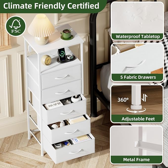 Somdot White Nightstand with Charging Station and LED Light - Image 6