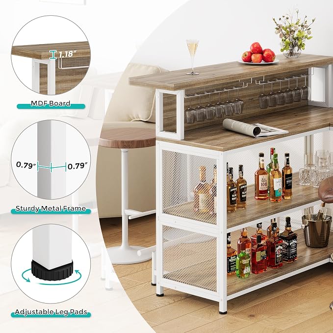 L-Shaped Home Bar Unit with Wine Glasses Holder and LED Light, Modern Bar Table - Image 7