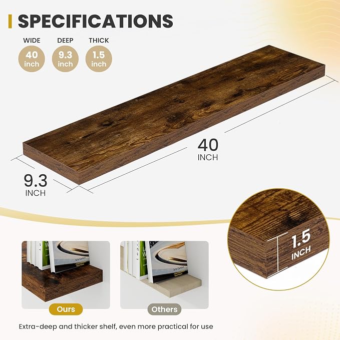 Acovy 40 Inch Floating Shelves, 9.3" Deep Floating Shelf Wall Mounted, Rustic - Image 3