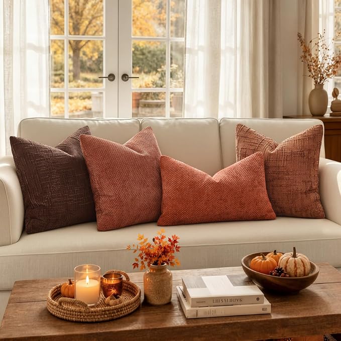MIULEE Chenille Textured Fall Euro Throw Pillow Covers Burnt Orange 22x22 | Set - Image 3