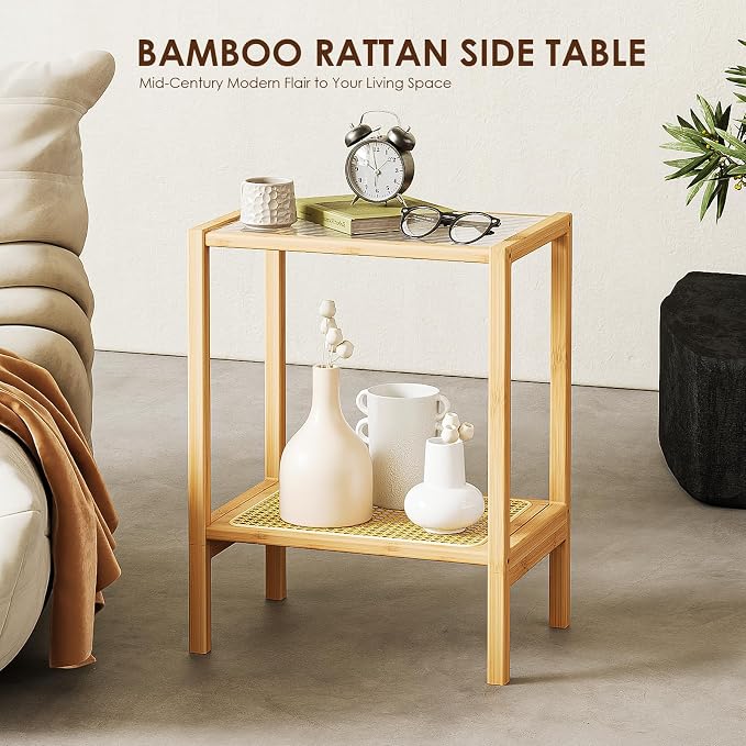Bamworld Side Table Nature Rattan Night Stand Glass End Table 2-Tier - Image 6