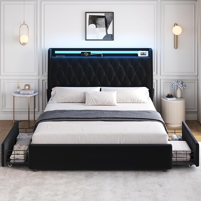 Queen LED Velvet Bed Frame - Image 9