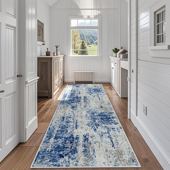 Runner Rugs for Hallways Kitchen 2.6x8 Non Slip Washable Blue Grey White | by Aelenmu