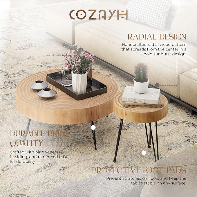 COZAYH 2-Piece Round Nesting Coffee Table Set, Natural Wood Top - Image 4
