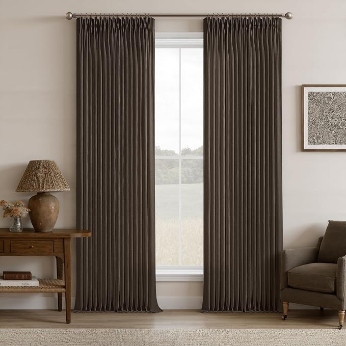 108 Inches Dark Brown Linen Pinch Pleated Semi Sheer Curtains 50W | Pleat Flax by Twodrapes