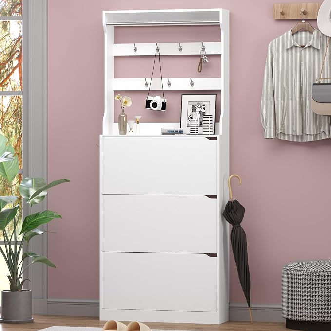 BORNOON Shoe Cabinet with 3 Flip Drawers & Coat Rack, Narrow Hidden Shoe - Image 3