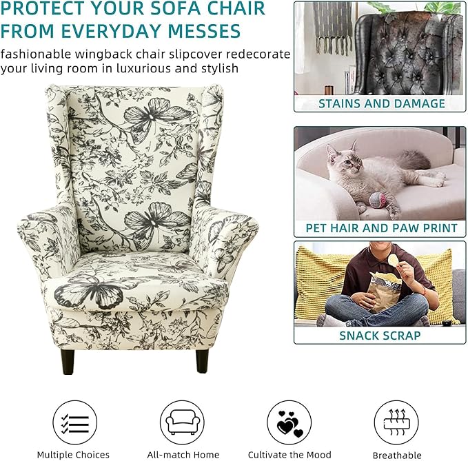 KRFOONN Velvet Wing Chair Slipcovers 2 Piece Stretch Printed Wingback Chair - Image 6