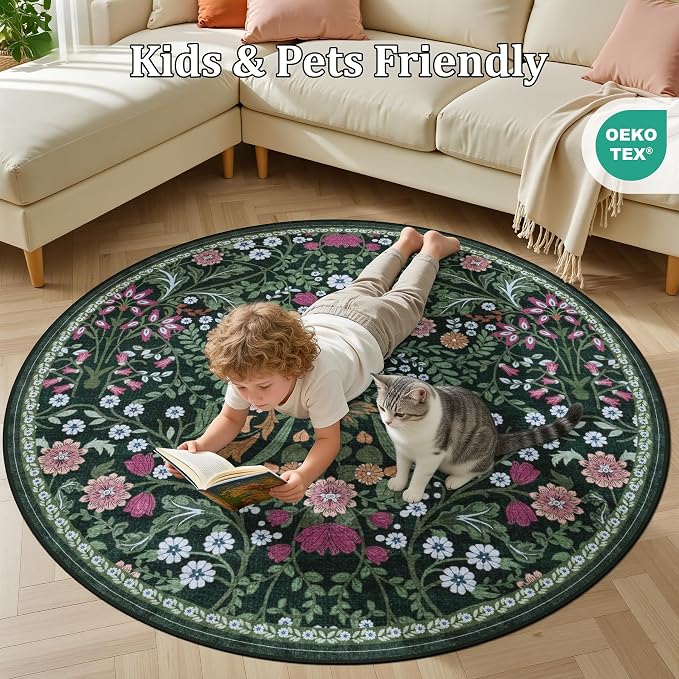 PLHXFR Round Area Rug Living Room: 6 ft Floral Washable Carpet Dark Green | - Image 8