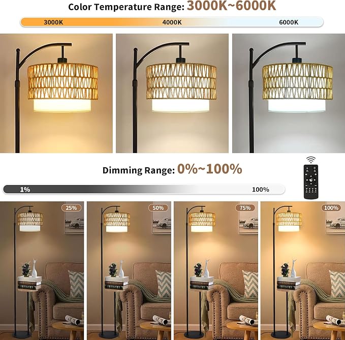 ZECOXOL Arc Floor Lamp with Table and Shelves, Rattan Boho Floor Lamp with - Image 2