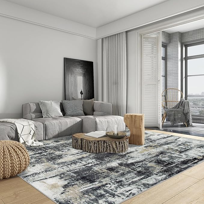 8x10 Area Rugs for Living Room: Washable Abstract Black Grey Gold Carpet | - Image 6