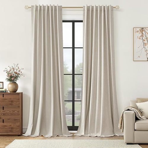 100% Blackout Linen Curtains for Bedroom 90 inches Long, Thermal Insulated Room by Guken