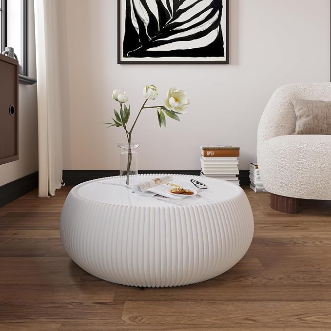 27.55" Round Marble Coffee Table, Modern Drum Coffee Cocktail Center Tables - Image 7