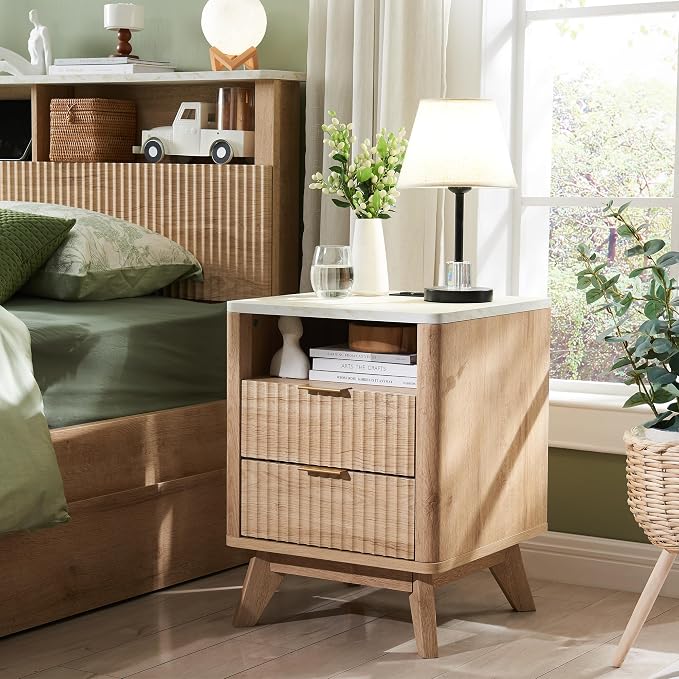 T4TREAM Fluted Nightstand with Charging Station, 2 Drawers End Table w/Storage - Image 3
