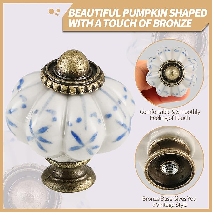 Ivory & Blue Pumpkin Knobs 12 Pack Ceramic Cabinet Knobs Vintage Drawer Pulls - Image 3