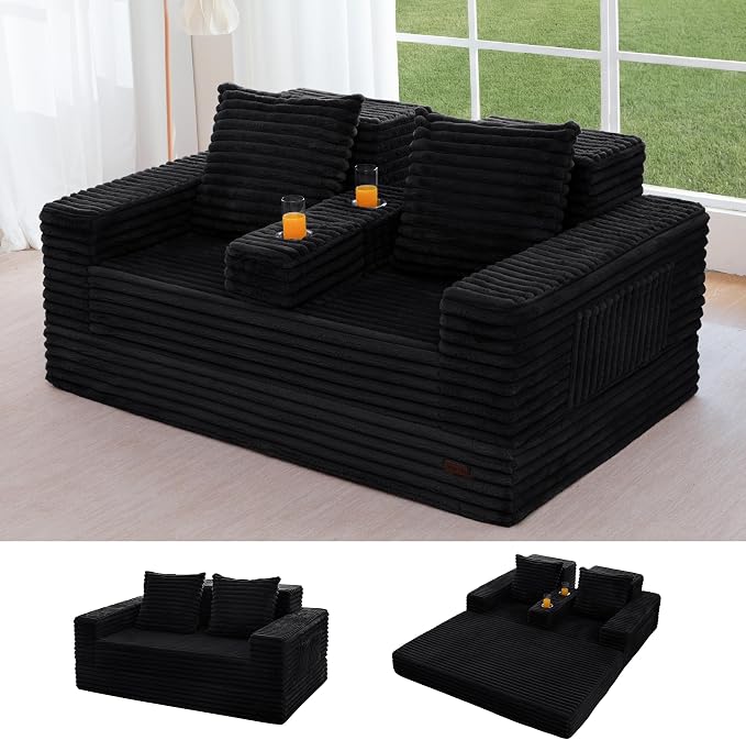 MAXYOYO Loveseat Sofa Bed, Striped Faux Fur Foldable Floor Sofa Couch in A Box by MAXYOYO