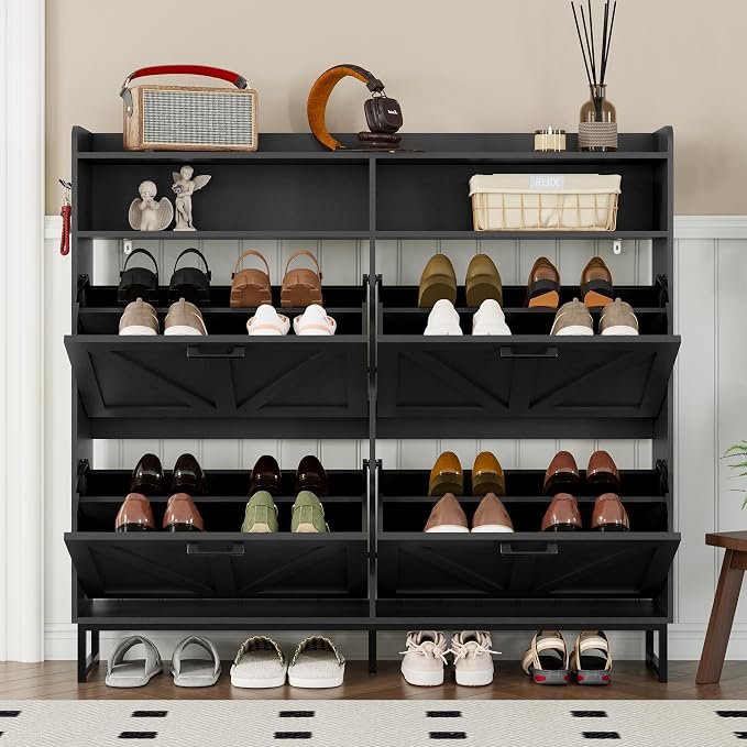 BORNOON Shoe Cabinet with 4 Flip Drawers Narrow Shoe Storage Cabinet Organizer - Image 7