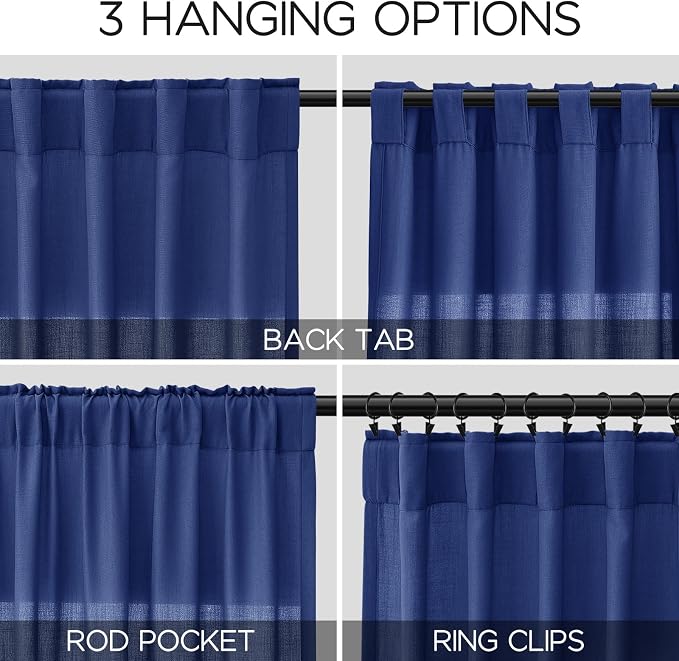 Classic Blue Linen Curtains 84 Inch Length 2 Panels Set - Image 2