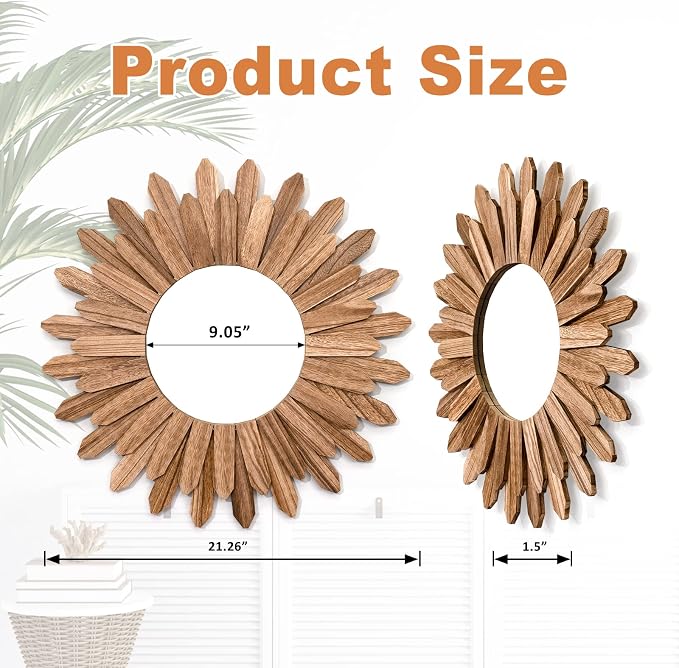 Emfogo Wall Mirror 21 inch Rustic Wood Sunburst Boho Mirror Wall Decor Home - Image 3