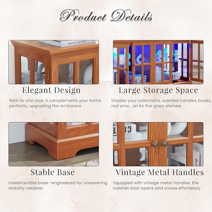 59" W LED Curio Cabinet with 7 Color Lights, Vintage Glass Display Case with - Image 4