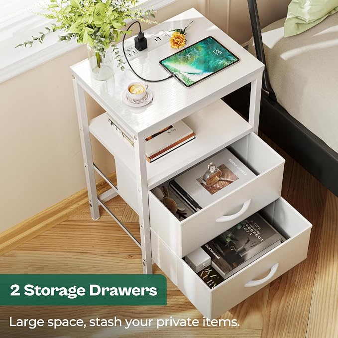 Huuger Nightstand with Charging Station, Side Table with 2 Fabric Drawers - Image 6